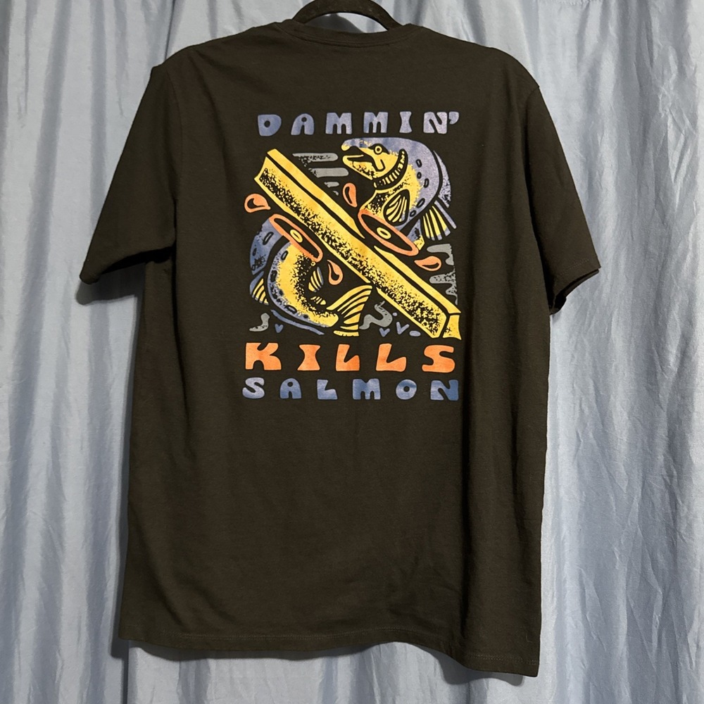 Patagonia Dammin Kills Salmon Responsibili-Tee T-Shirt Black Mens Small 37591